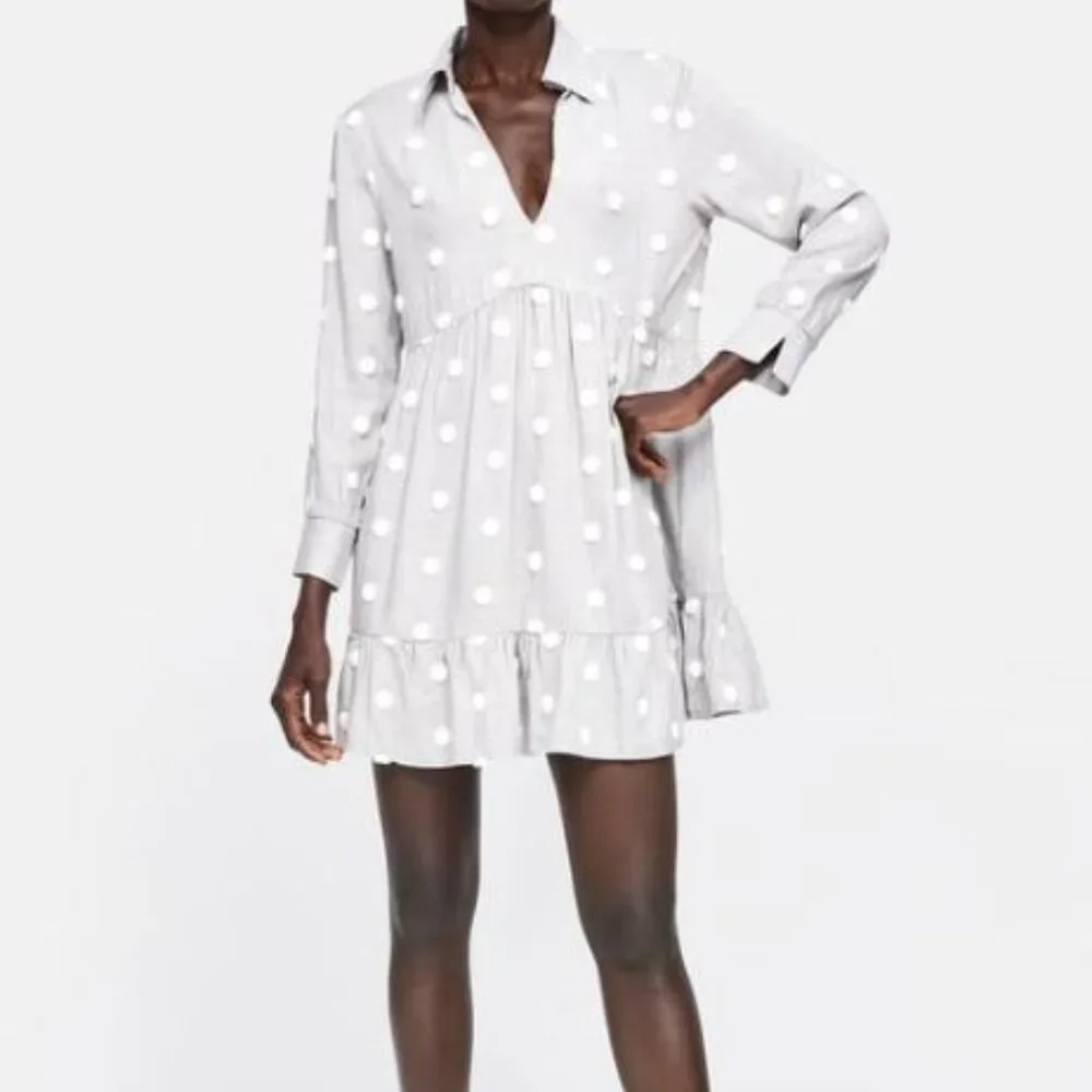 ZARA Gray White Pom Pom Polka Dot Mini Long Sleeve Dress Size XS X-Small